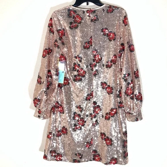 CeCe Floral Print Gold Sequin Long Sleeve Dress - Picture 7 of 9